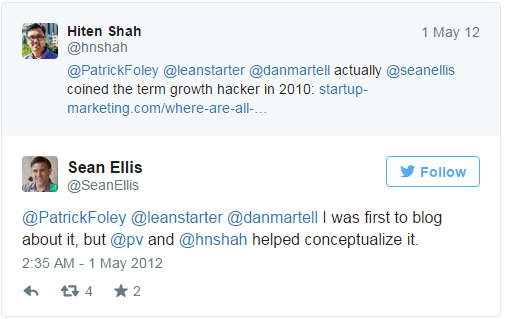 Sean Ellis tweet about coining the term "growth hacking"