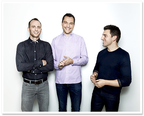 Airbnb's 3 co-founders (left to right) Joe Gebbia (CPO), Nathan Blecharczyk (CSO) & Brian Chesky (CEO)